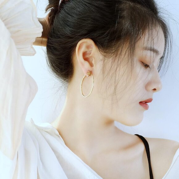 40mm Gold Plated Stainless Steel Hoop Earrings with Love Heart & Star Design, Hy - Picture 4 of 6